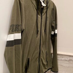 OLIVE GREEN PINK BRAND HOODIE FULL ZIP THUMBHOLES